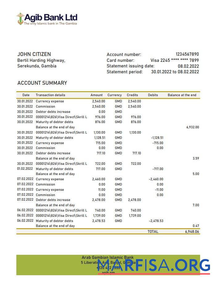 Downloadable Gambia Arab Gambian Islamic Bank statement example